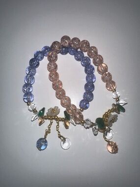 Pink and Blue Beaded Charm Bracelet Classy Stylish Golden Cute Flower Set of 2